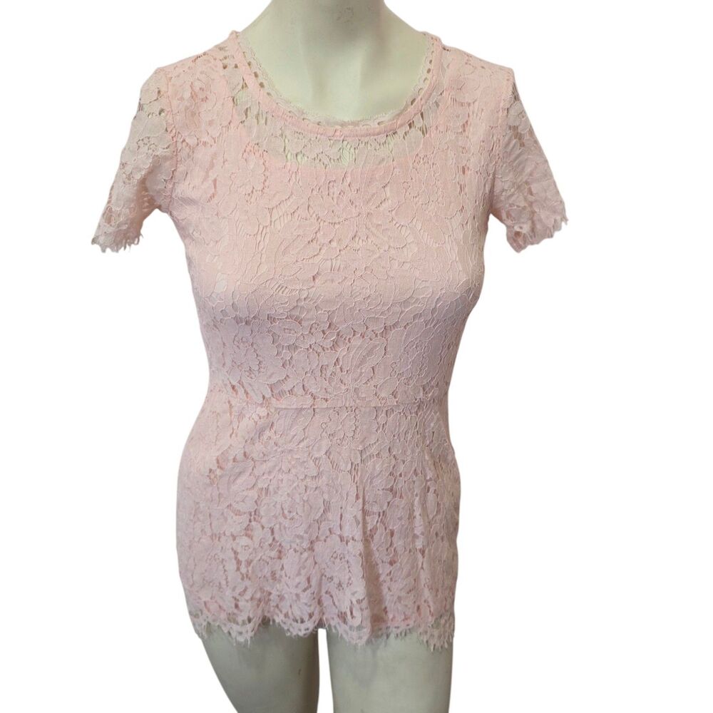 Isaac Mizrahi Live Pink Lace Peplum Top XXS Sheer Floral Romantic Blouse